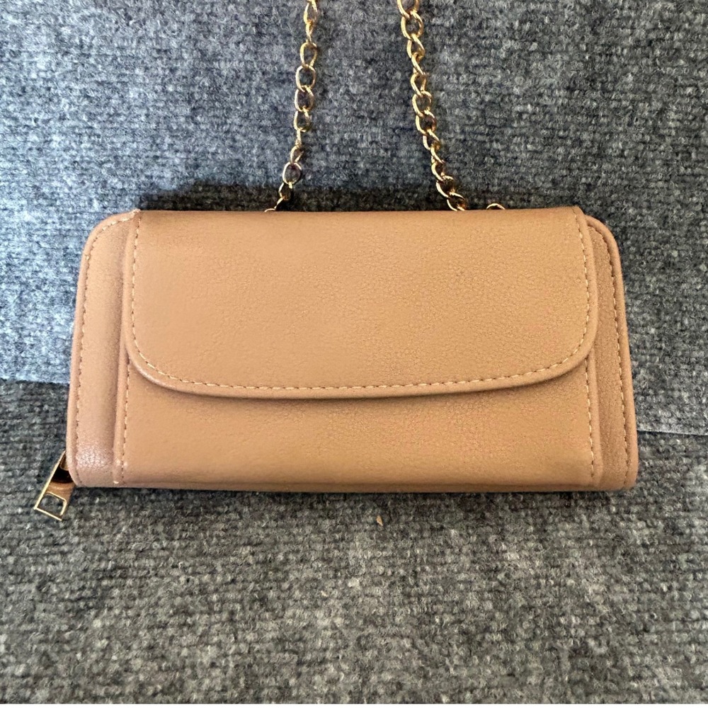 Tan Faux Leather Wallet on a Chain Crossbody Bag Gold Tone Hardware Organizer